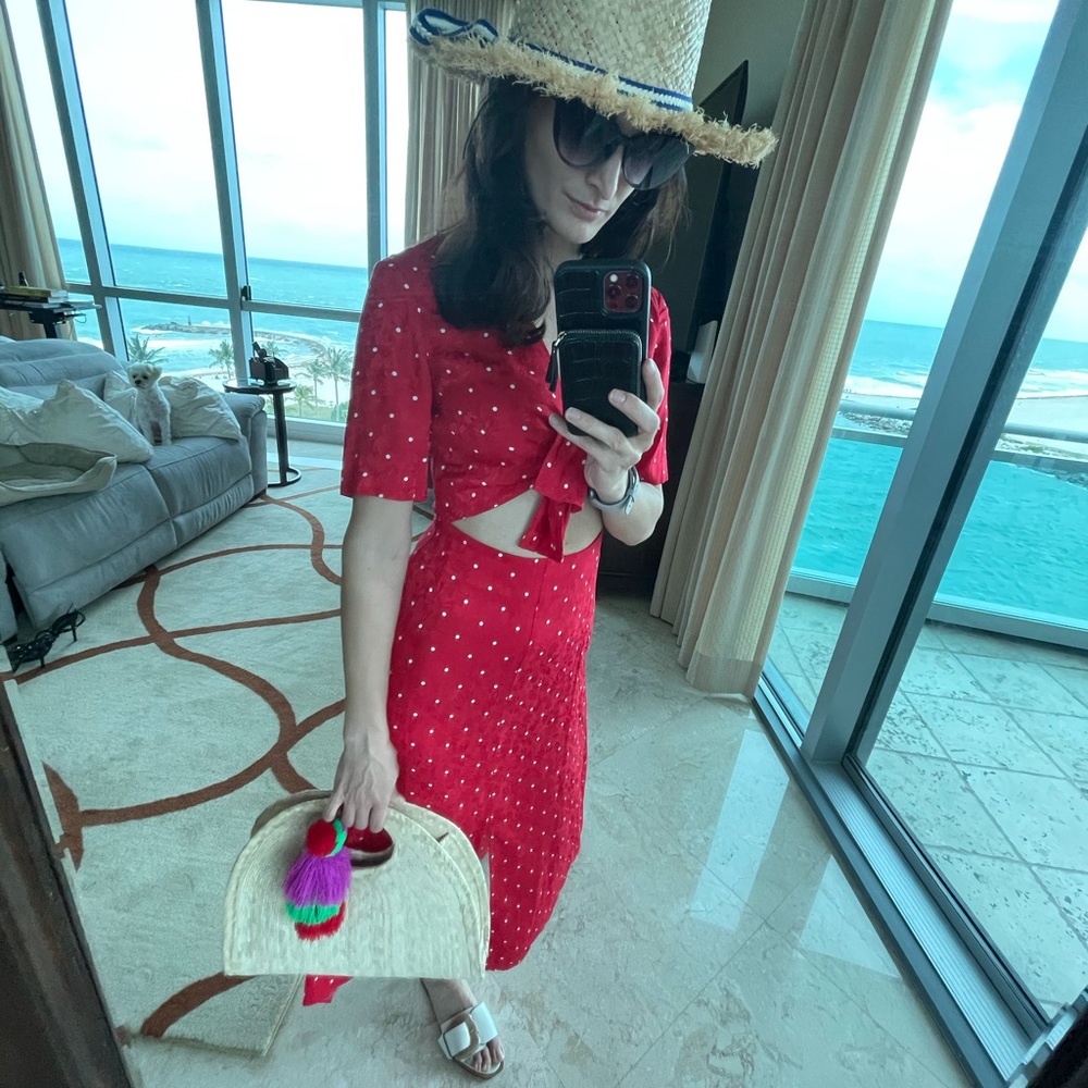 Maje red polka dot tie front dress